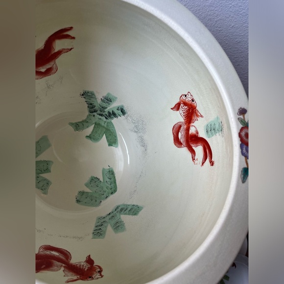 Vintage Chinoiserie Large Porcelain Koi Fish Planter Bowl Cachepot - Picture 10 of 12
